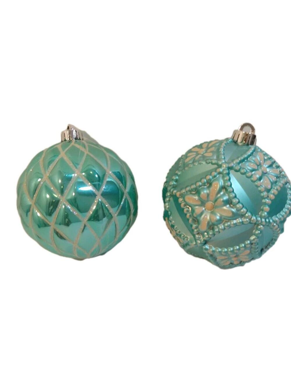 Finial Style Christmas Ornaments Teal Bluish Green White Lot Of 2 Hard Plastic